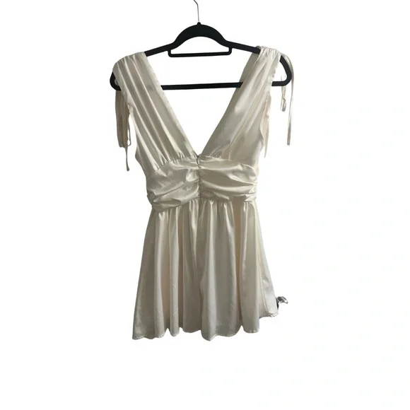 Shein MOD Silk/Satin White V Neck Ruched Mini Dress - Picture 2 of 4